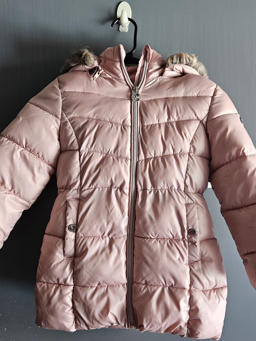 Michael Kors Girls Pink Puffer Winter Coat Faux Fur Hood Size 5/6